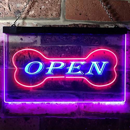 Open Dog Bone Grooming Pet Shop Dual LED Neon Light Sign
